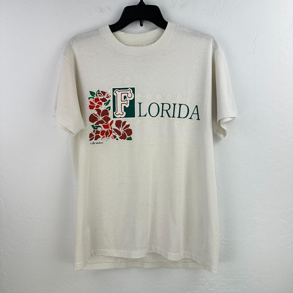 Vintage Hanes Tshirt Mens M White Green Florida Short Sleeve Air Waves Dad Shirt